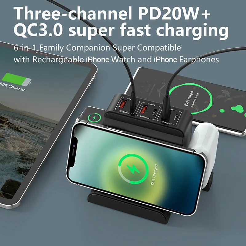 15W 10W 7.5W 5W Wireless Charger Fast Wireless Charging Pad with 6-Port PD20W USB-C*3 18W QC3.0 USB-A*3 Charger for iPhone 12 13 14 14Pro for Huawei Mate50 for Samsung Galaxy S23 for Xiaomi 13pro