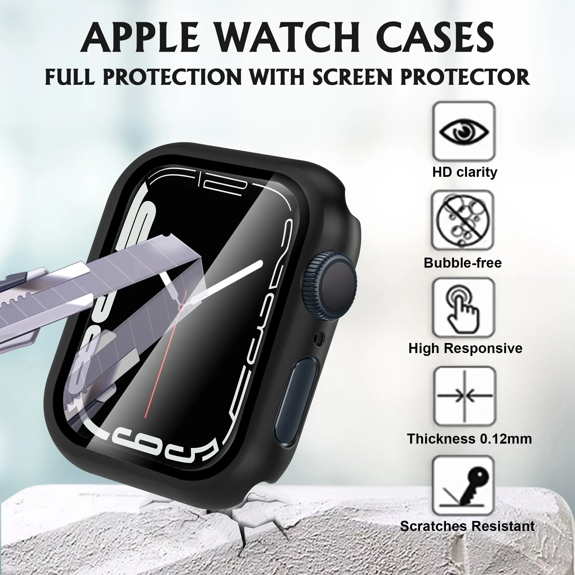 2 Pack Arae Hard PC Cases Tempered Glass Screen Protector for Apple Watch/iwatch Series 7 45 mm Accessories Full Protective Coverage Defense Edge with High touch Sensitive Women Men Black