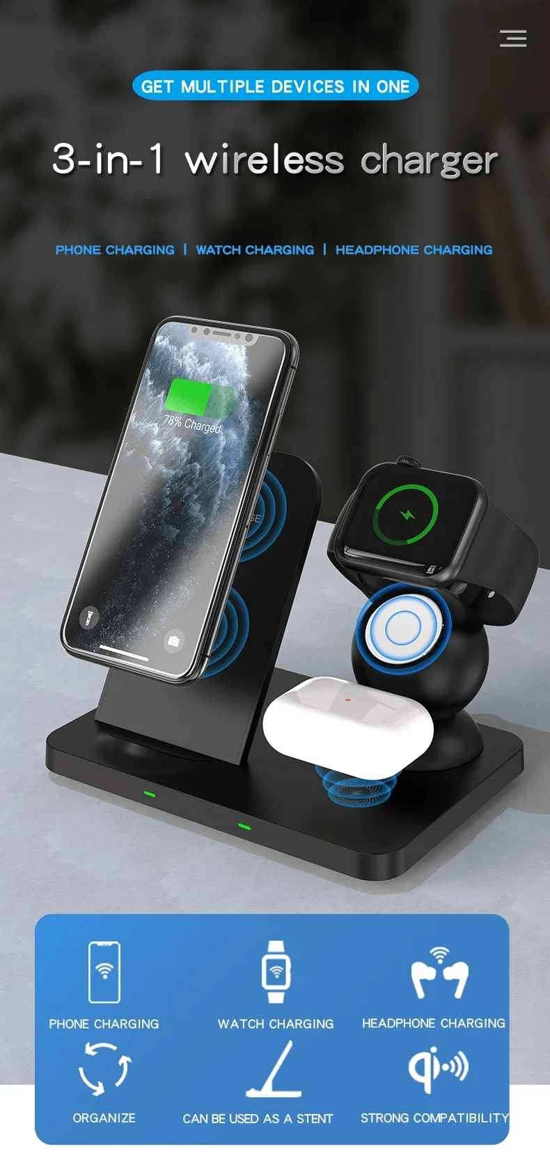 3 in 1 QI 15W Wireless Charging Station - W57