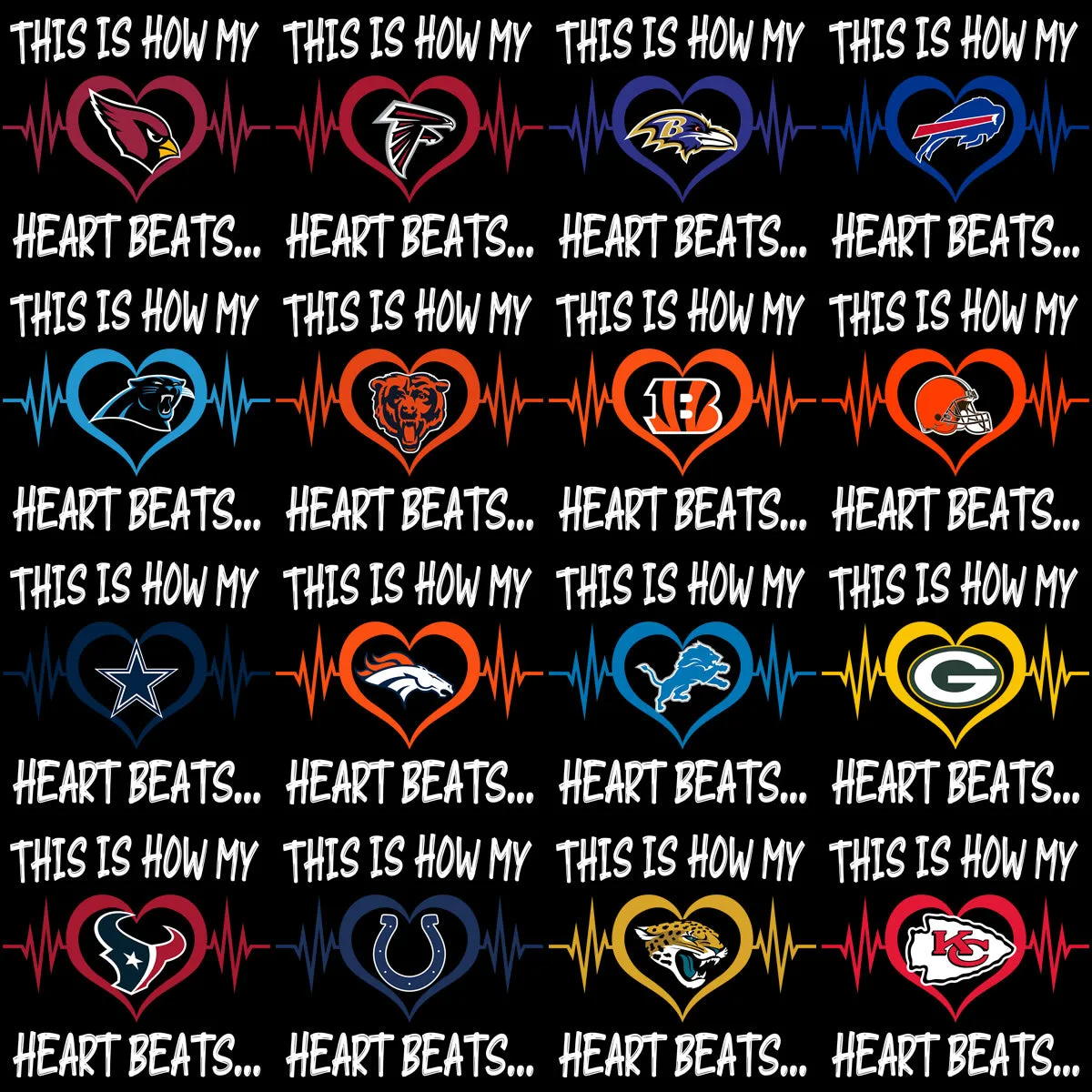 32 Heart Beat Football Teams Designs Bundle PNG