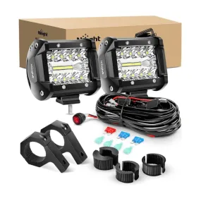 4 Inch 60W Triple Row Spot Flood LED Pods (Pair) | Horizontal Bar Tube Clamp Mount | 16AWG Wire 3Pin Switch