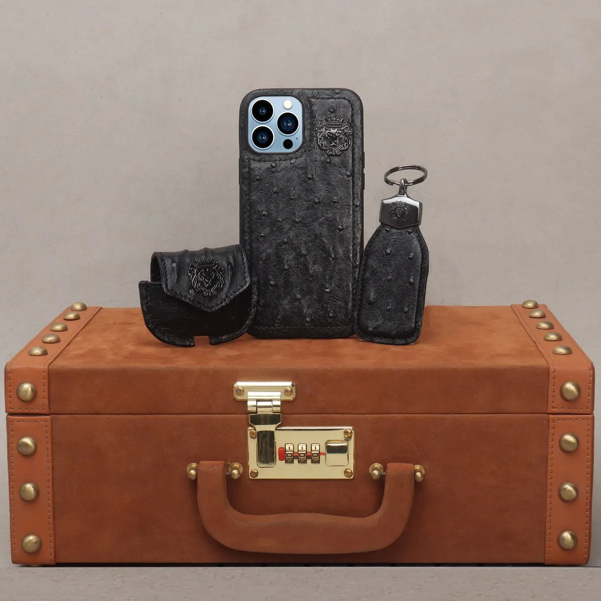 Air-Pods Pro Carrying Case Black Real Ostrich Leather