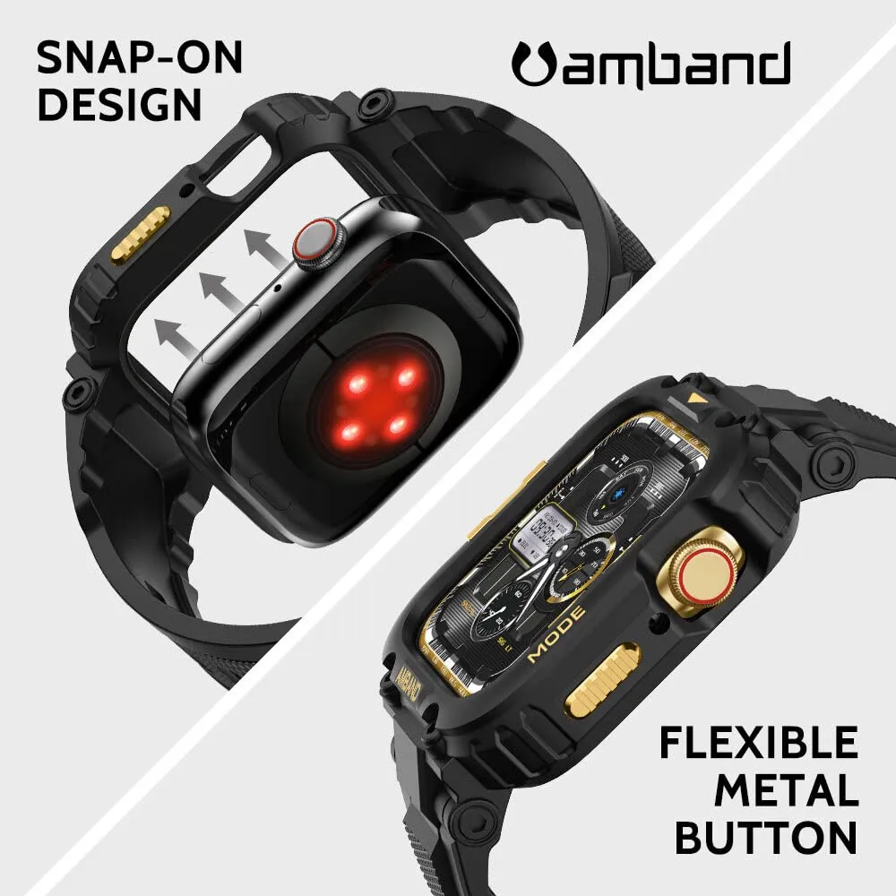 amBand Bands Compatible with Apple Watch 9/8/7 41mm, M1 Sport Series Rugged Case with TPU Strap Military Protective Tough Cover Bumper for iWatch 6/SE/5/4/3/2 40mm 38mm Men Black Gold