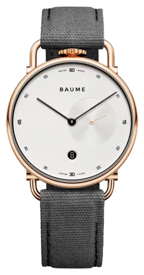 Baume & Mercier Baume Rose Gold PVD Silver Dial Gray Cotton Strap Date Quartz Mens Watch M0A10600