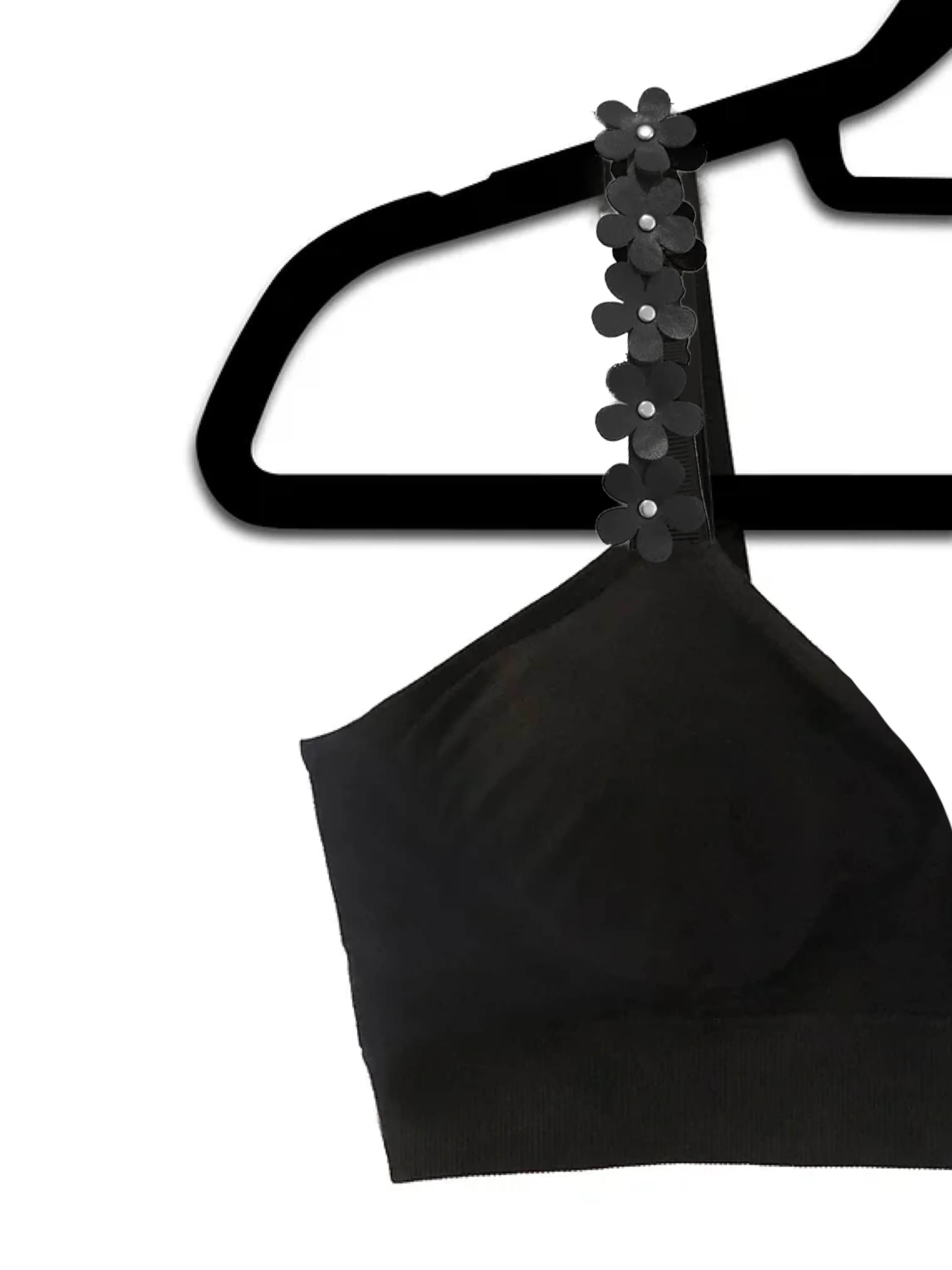Black Plunge Bra with Black Vegan Leather Flower Strap
