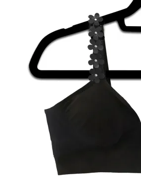Black Plunge Bra with Black Vegan Leather Flower Strap
