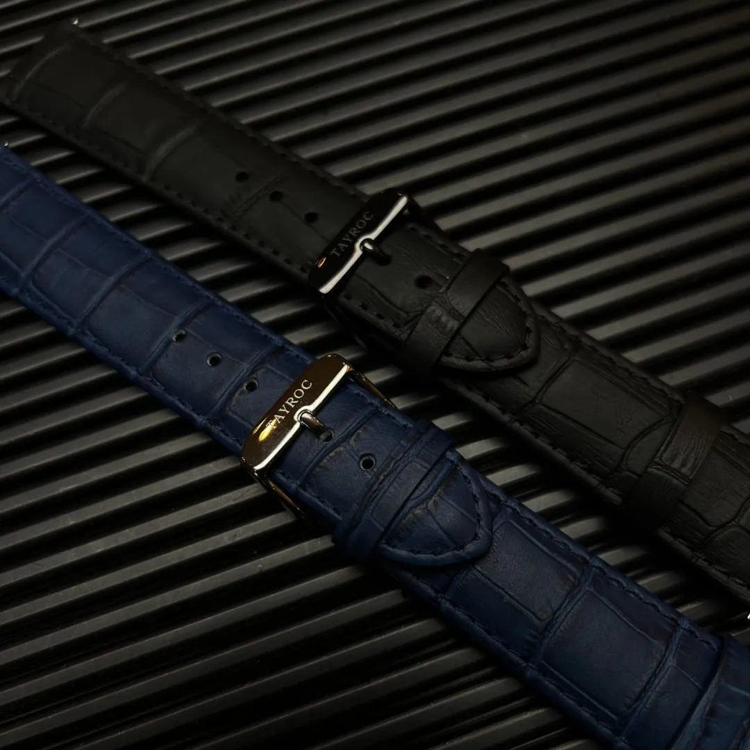 Blue Textured Leather Strap Gold Buckle 22mm