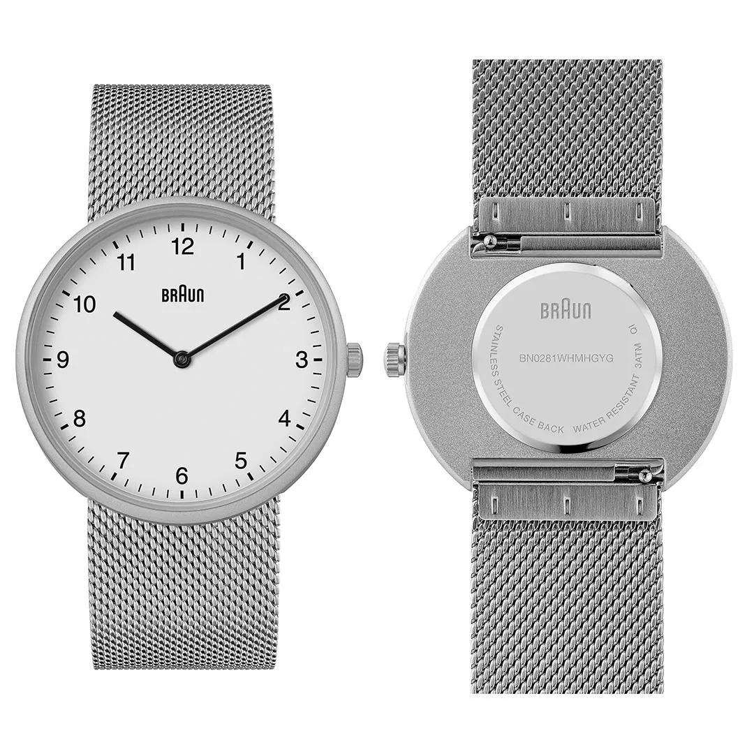 BN0281 Braun unisex analogue interchangeable watch set - white dial and stainless steel mesh bracelet & additional grey silicon strap