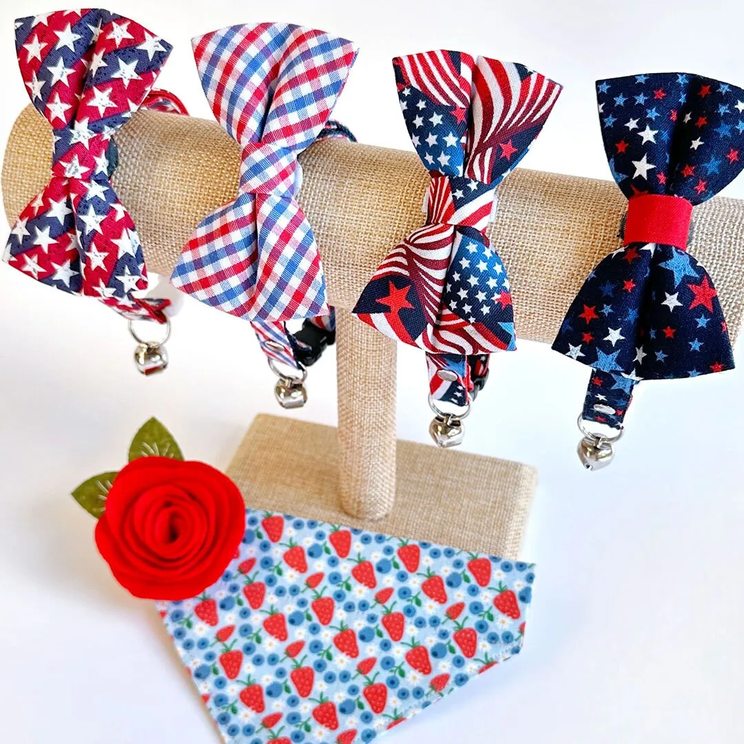 Cat Bow Tie - "Berry Bramble" - Blueberry Bow Tie for Cat, Fruit, Blueberries, Strawberry Cat Bow, Patriotic Red Blue Cat   Small Dog Bowtie