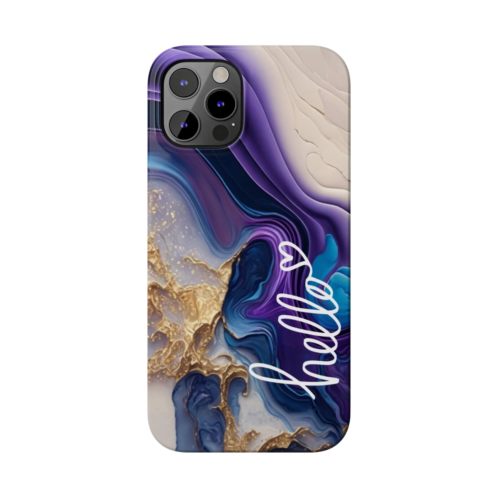 Elegant Blue and Gold Marble 'Hello' iPhone Case - Stylish and Chic Protective Cover