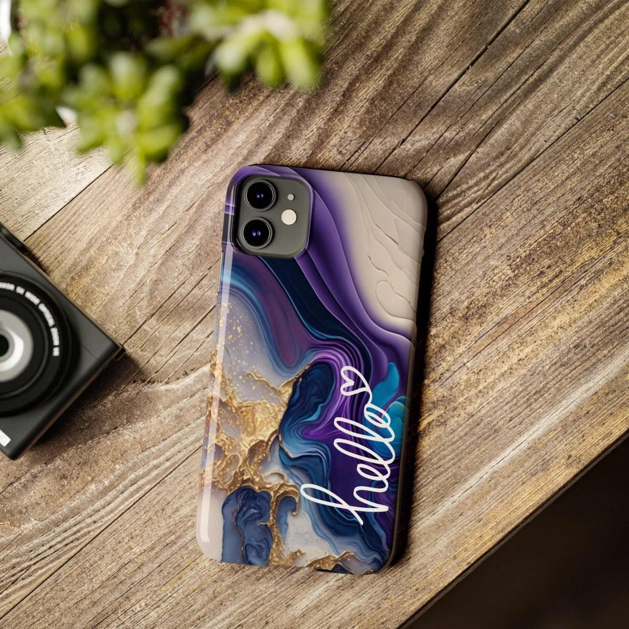Elegant Blue and Gold Marble 'Hello' iPhone Case - Stylish and Chic Protective Cover
