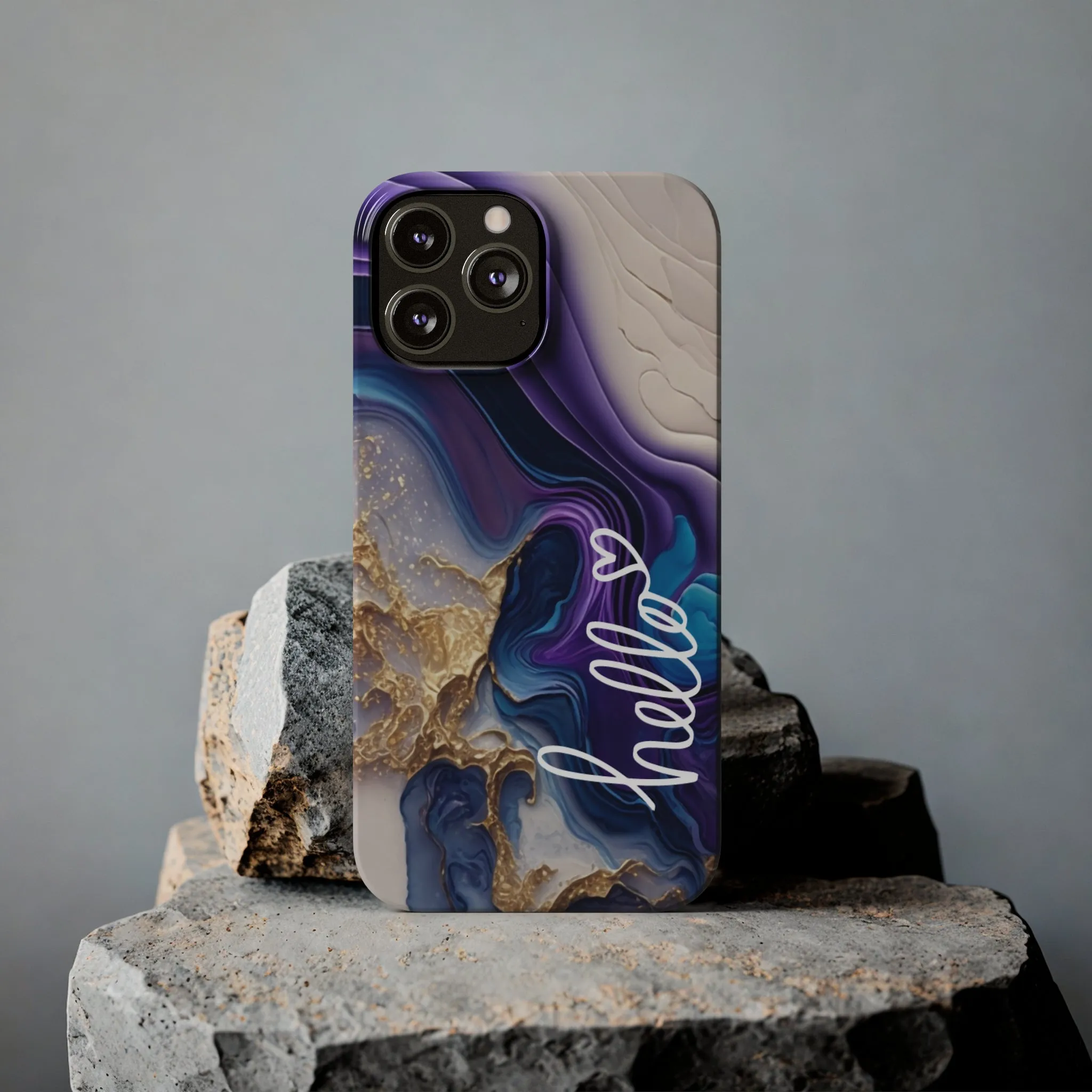Elegant Blue and Gold Marble 'Hello' iPhone Case - Stylish and Chic Protective Cover