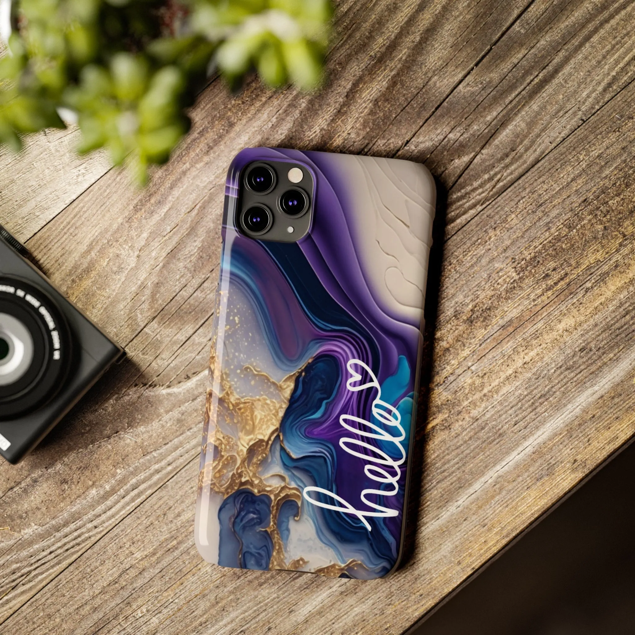 Elegant Blue and Gold Marble 'Hello' iPhone Case - Stylish and Chic Protective Cover