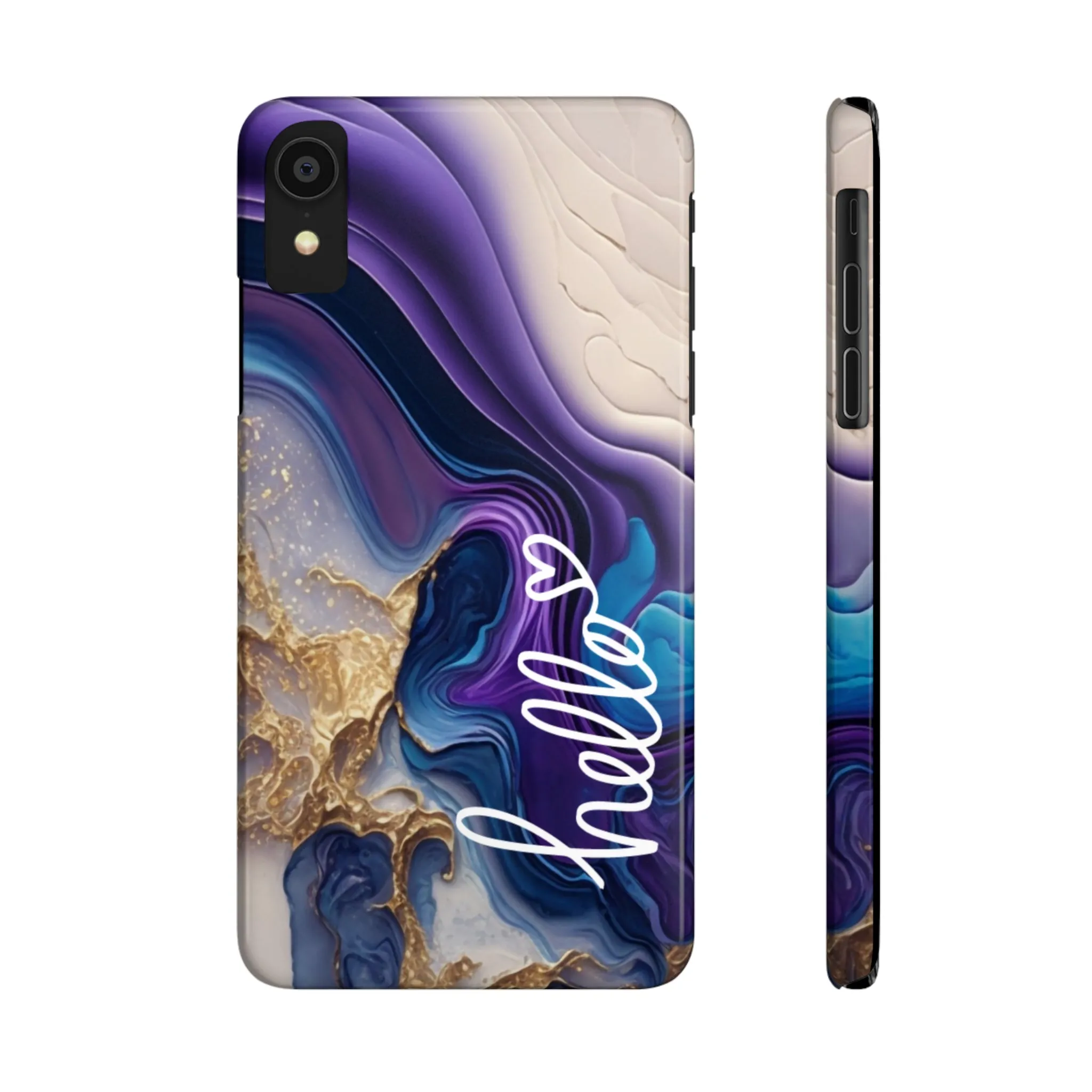 Elegant Blue and Gold Marble 'Hello' iPhone Case - Stylish and Chic Protective Cover