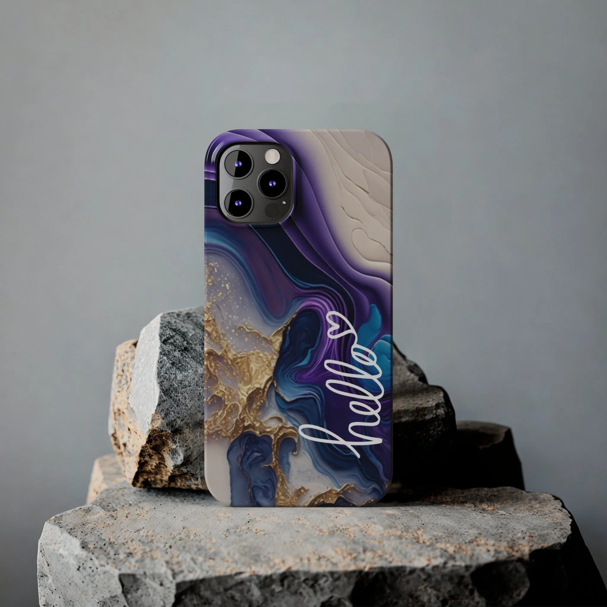 Elegant Blue and Gold Marble 'Hello' iPhone Case - Stylish and Chic Protective Cover