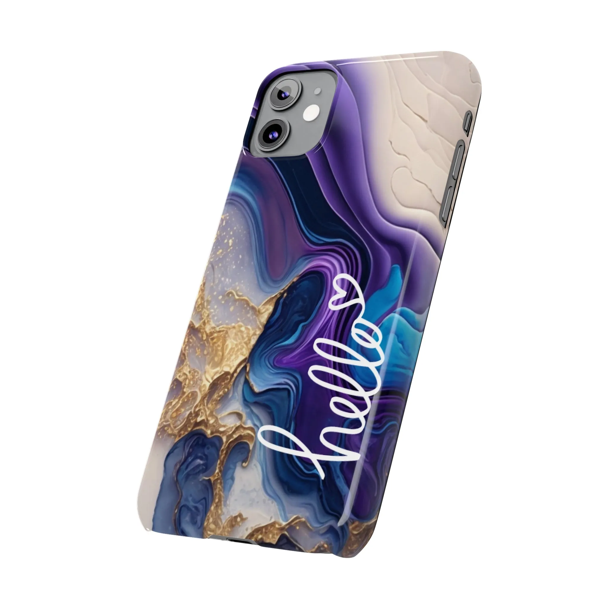 Elegant Blue and Gold Marble 'Hello' iPhone Case - Stylish and Chic Protective Cover