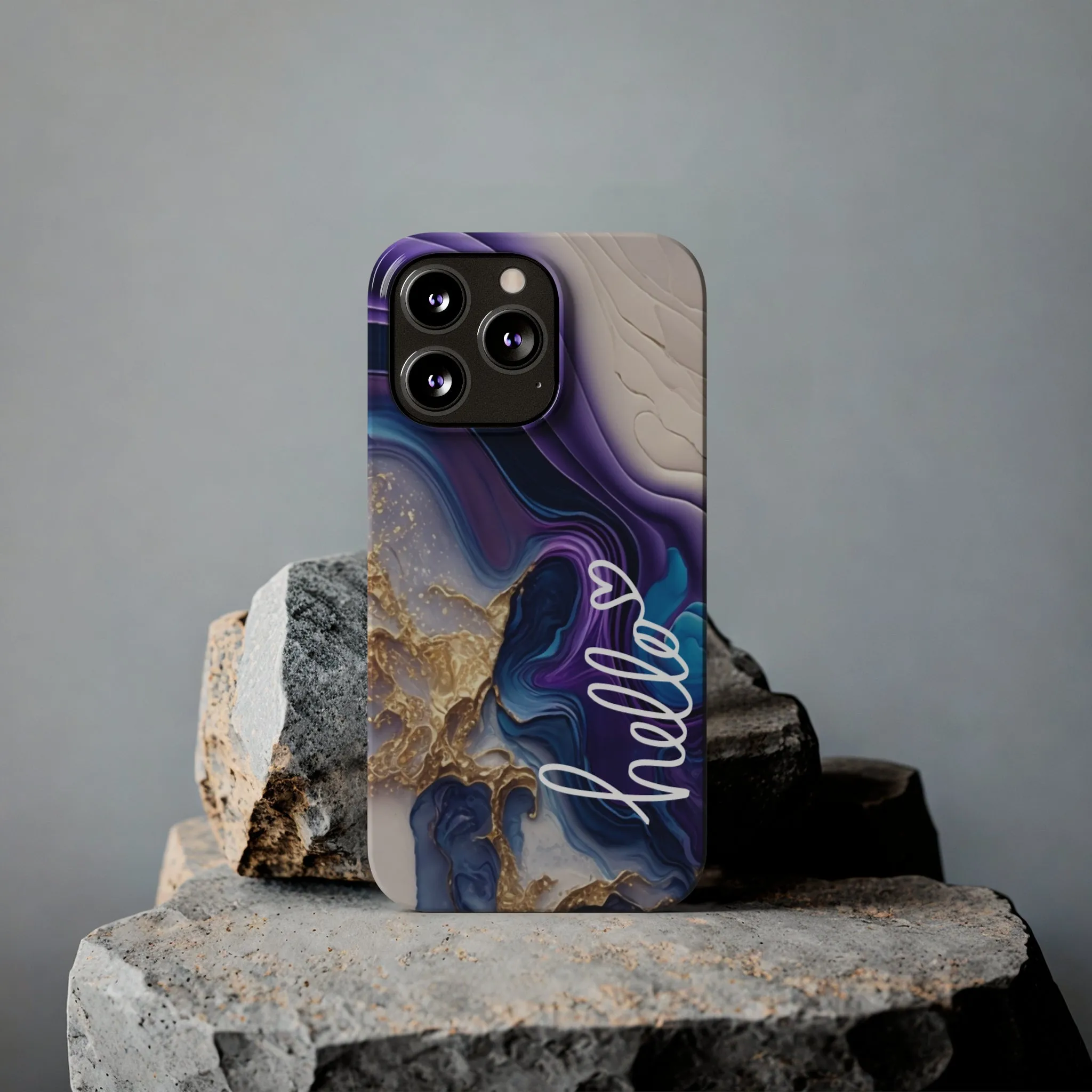 Elegant Blue and Gold Marble 'Hello' iPhone Case - Stylish and Chic Protective Cover