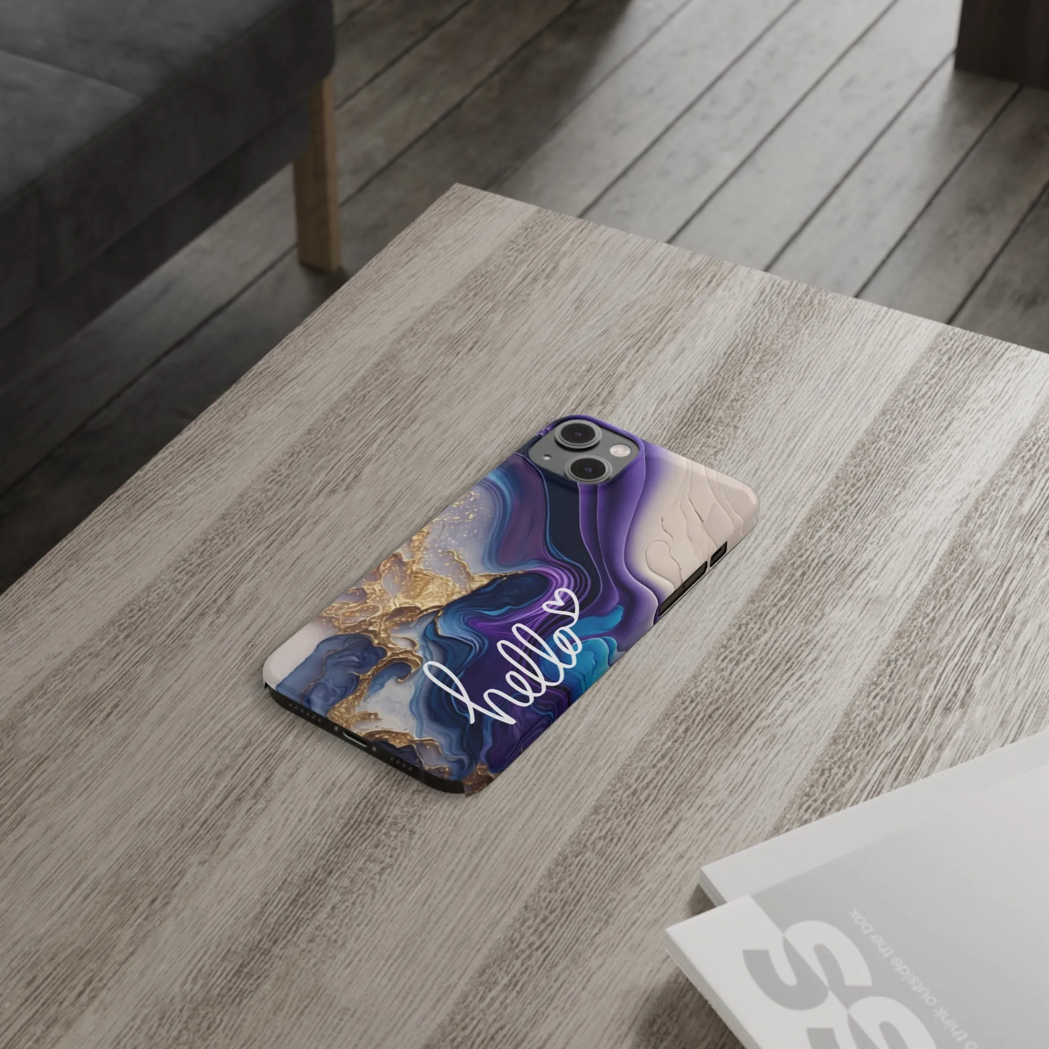 Elegant Blue and Gold Marble 'Hello' iPhone Case - Stylish and Chic Protective Cover