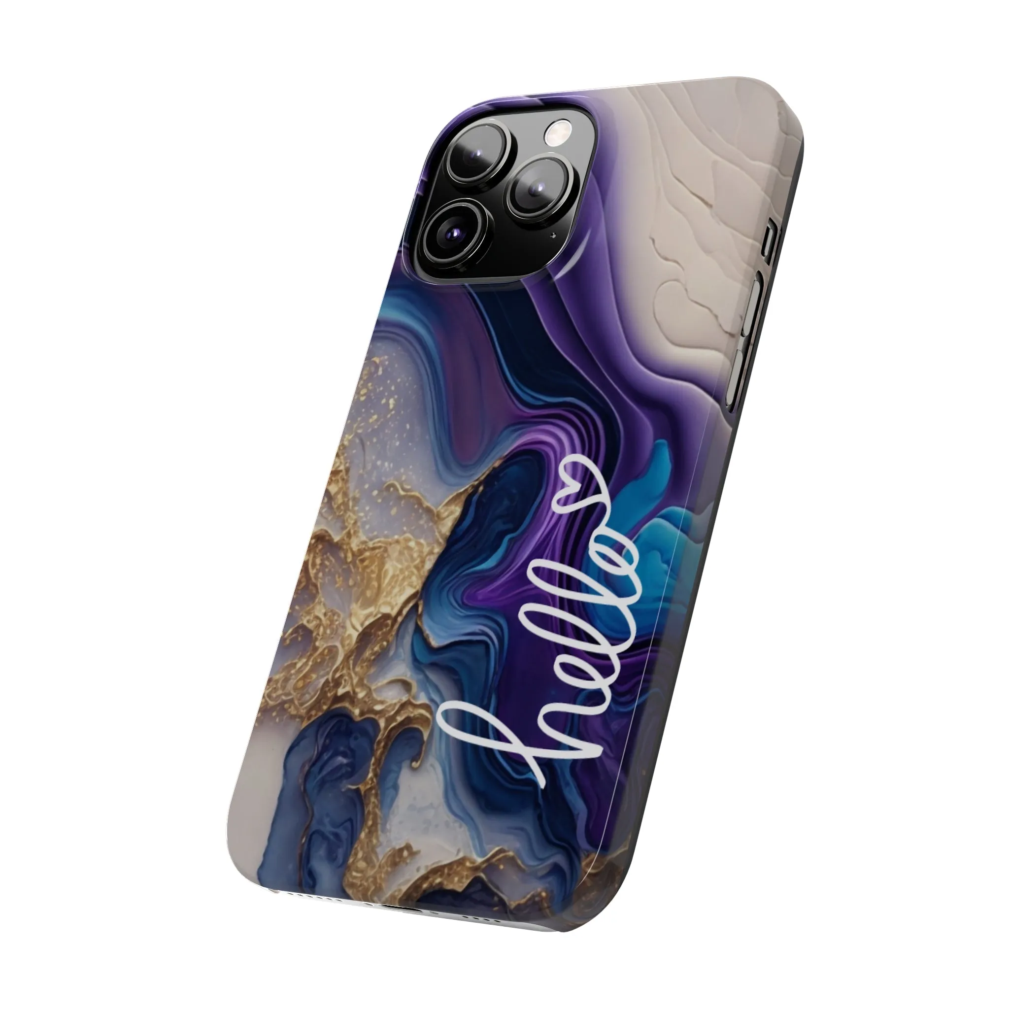 Elegant Blue and Gold Marble 'Hello' iPhone Case - Stylish and Chic Protective Cover