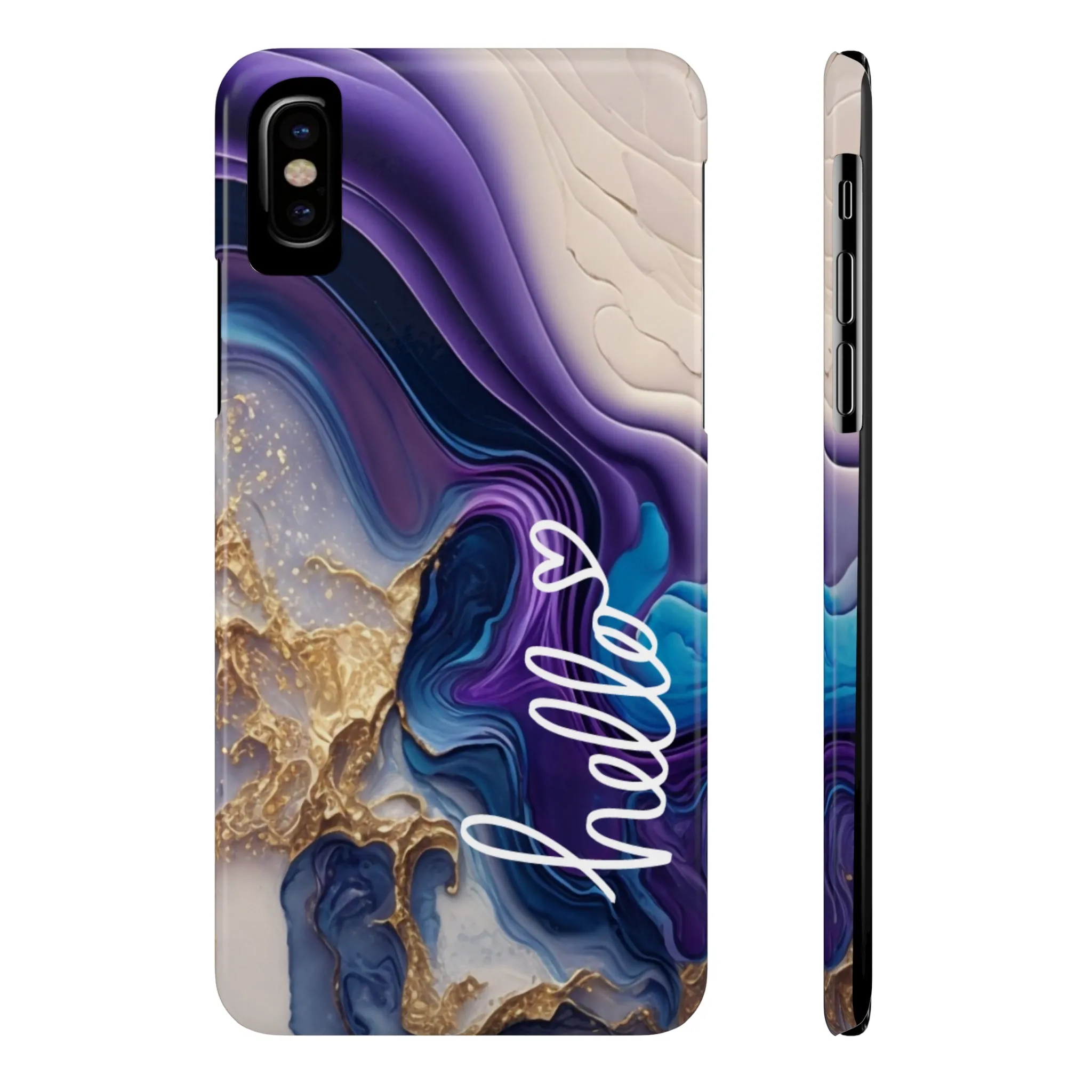 Elegant Blue and Gold Marble 'Hello' iPhone Case - Stylish and Chic Protective Cover