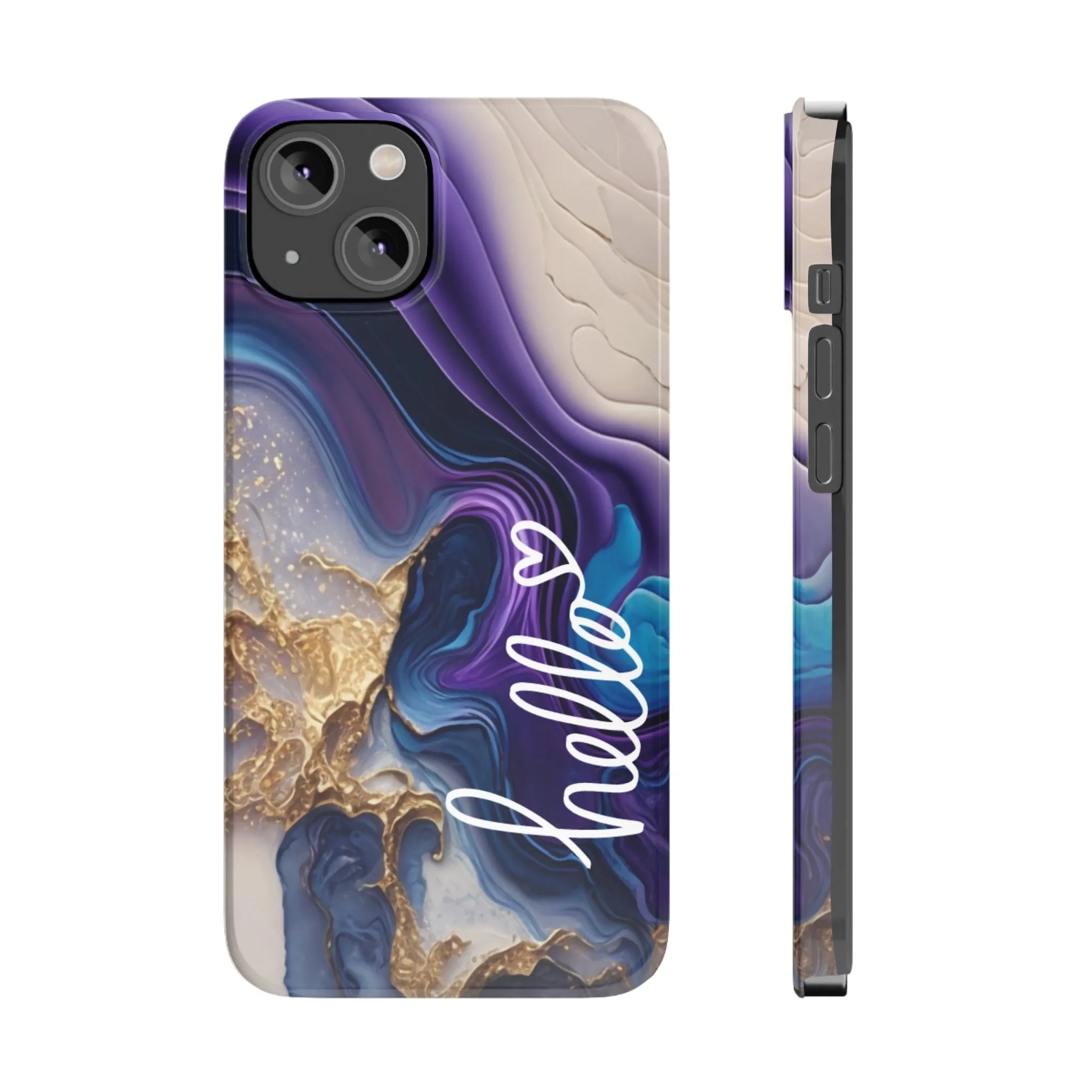 Elegant Blue and Gold Marble 'Hello' iPhone Case - Stylish and Chic Protective Cover