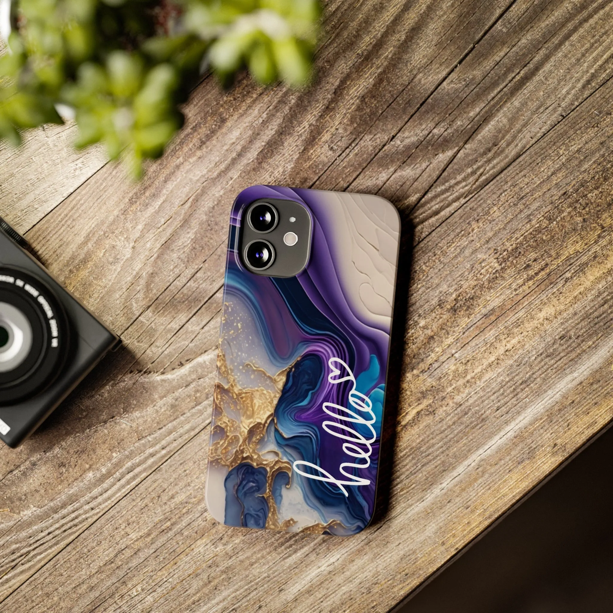 Elegant Blue and Gold Marble 'Hello' iPhone Case - Stylish and Chic Protective Cover