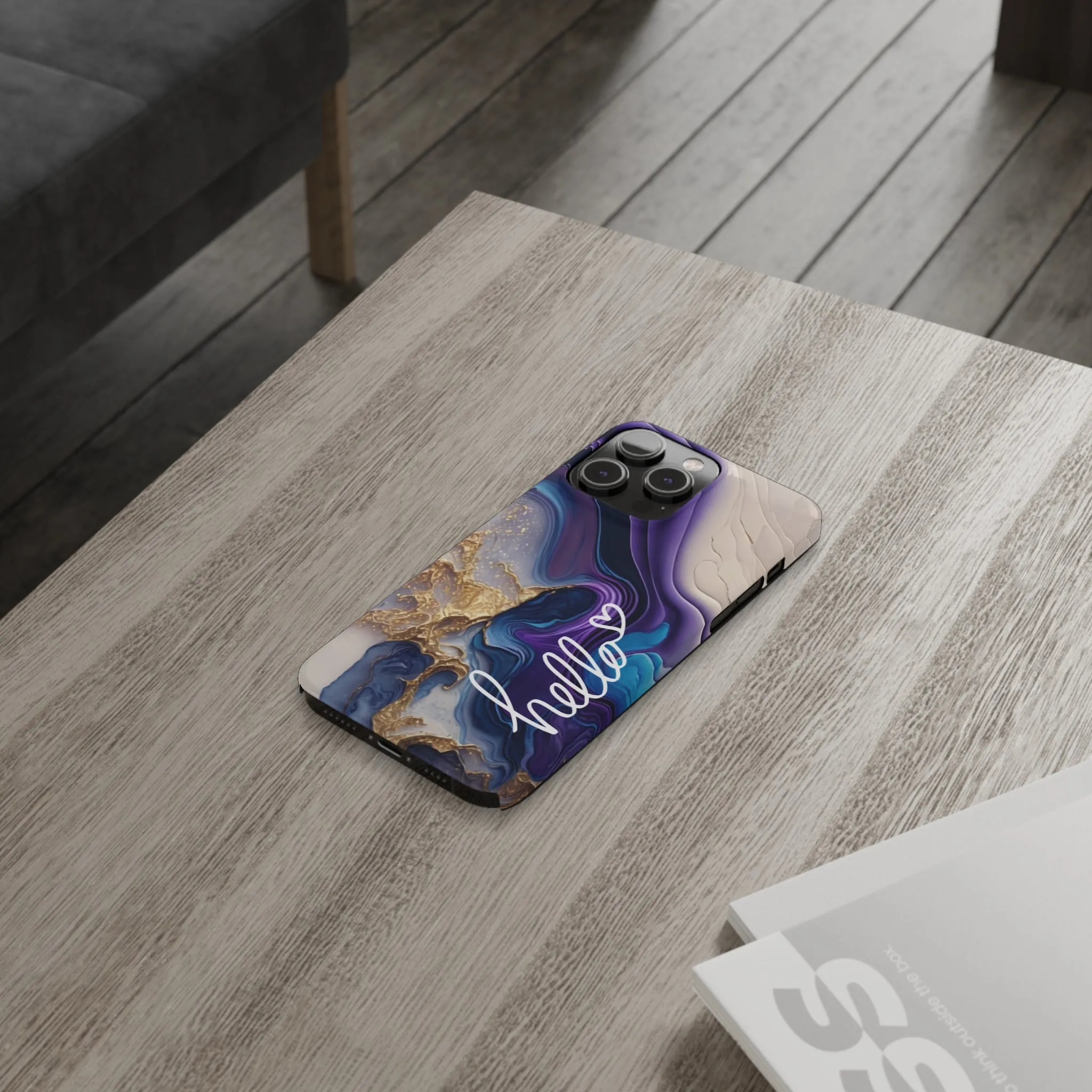 Elegant Blue and Gold Marble 'Hello' iPhone Case - Stylish and Chic Protective Cover