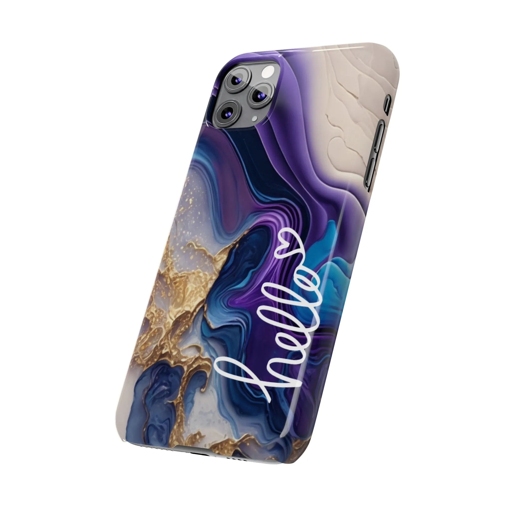 Elegant Blue and Gold Marble 'Hello' iPhone Case - Stylish and Chic Protective Cover