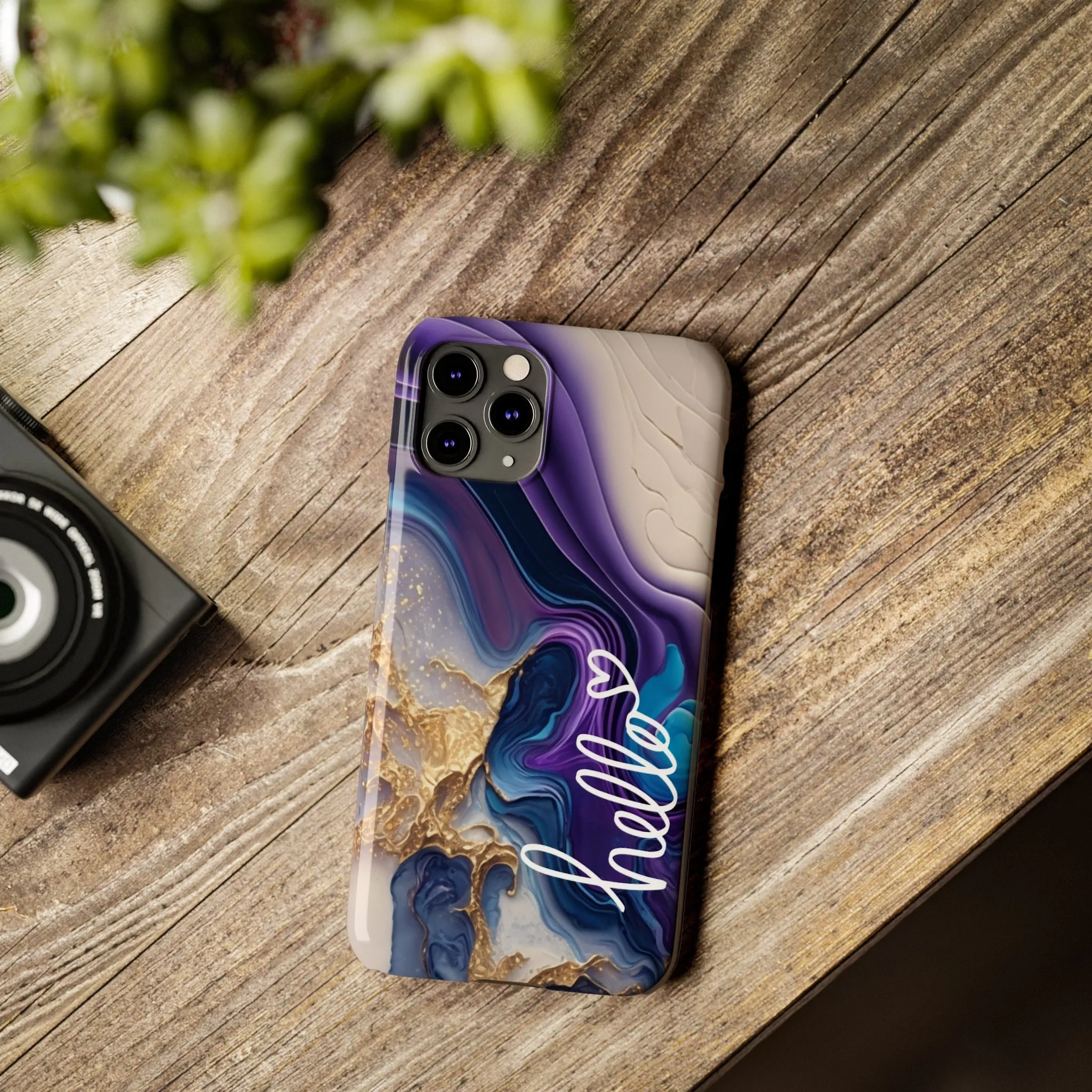 Elegant Blue and Gold Marble 'Hello' iPhone Case - Stylish and Chic Protective Cover