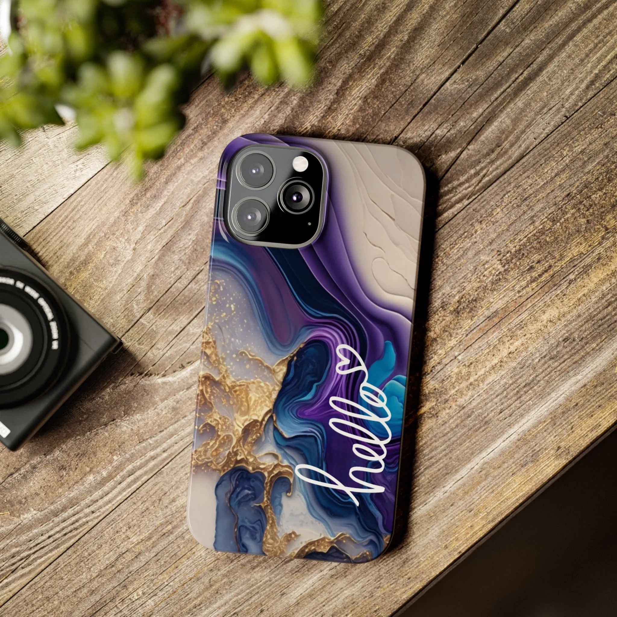 Elegant Blue and Gold Marble 'Hello' iPhone Case - Stylish and Chic Protective Cover