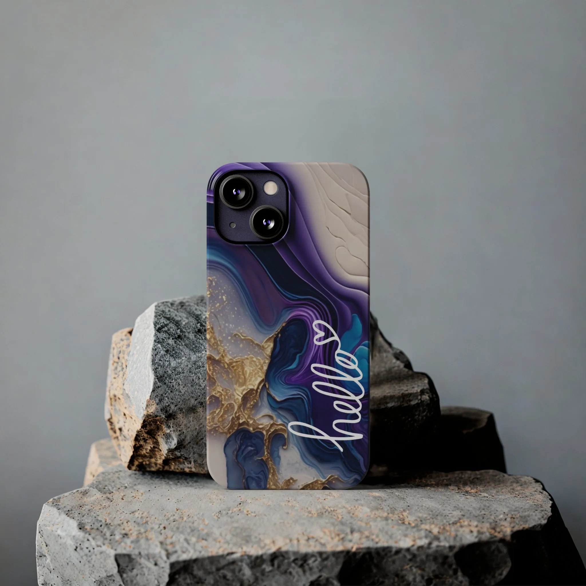 Elegant Blue and Gold Marble 'Hello' iPhone Case - Stylish and Chic Protective Cover