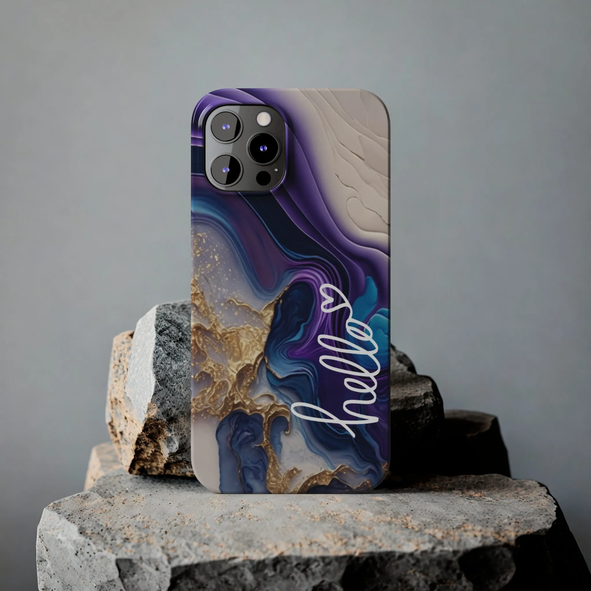 Elegant Blue and Gold Marble 'Hello' iPhone Case - Stylish and Chic Protective Cover
