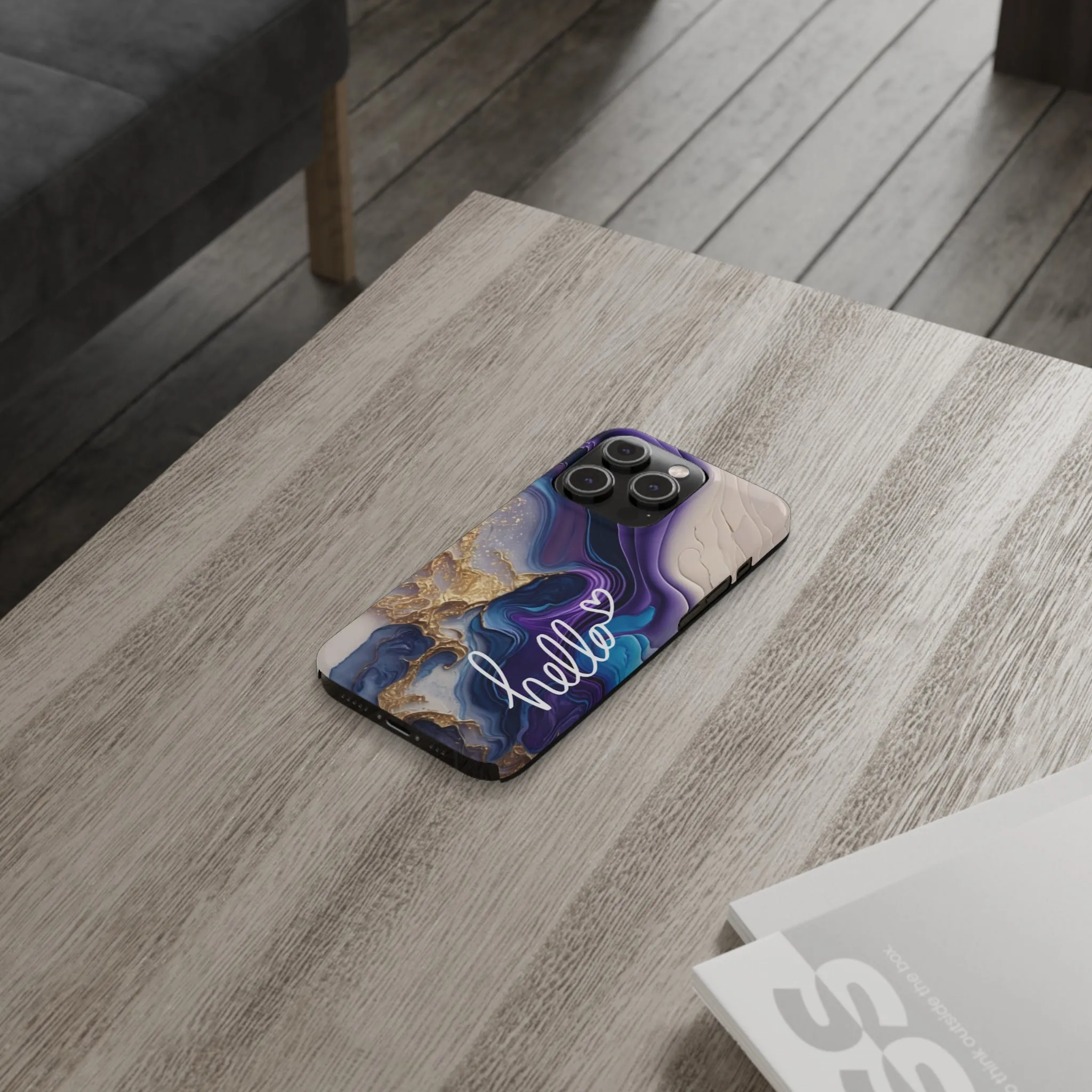 Elegant Blue and Gold Marble 'Hello' iPhone Case - Stylish and Chic Protective Cover