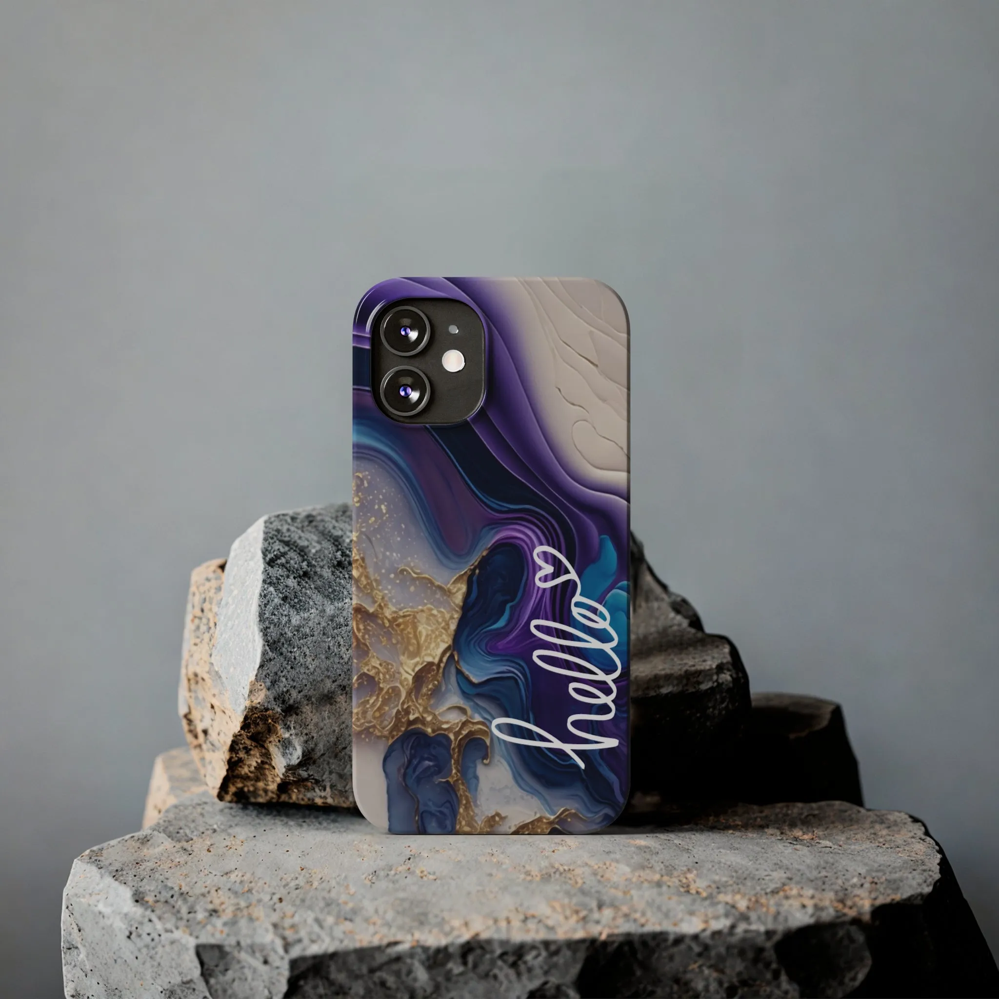 Elegant Blue and Gold Marble 'Hello' iPhone Case - Stylish and Chic Protective Cover