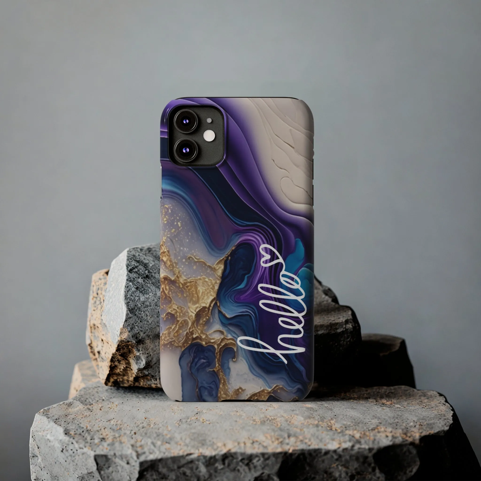 Elegant Blue and Gold Marble 'Hello' iPhone Case - Stylish and Chic Protective Cover