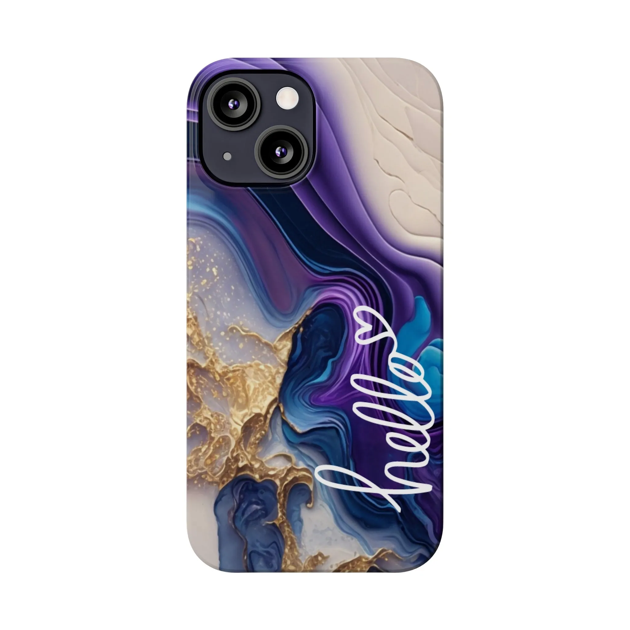 Elegant Blue and Gold Marble 'Hello' iPhone Case - Stylish and Chic Protective Cover