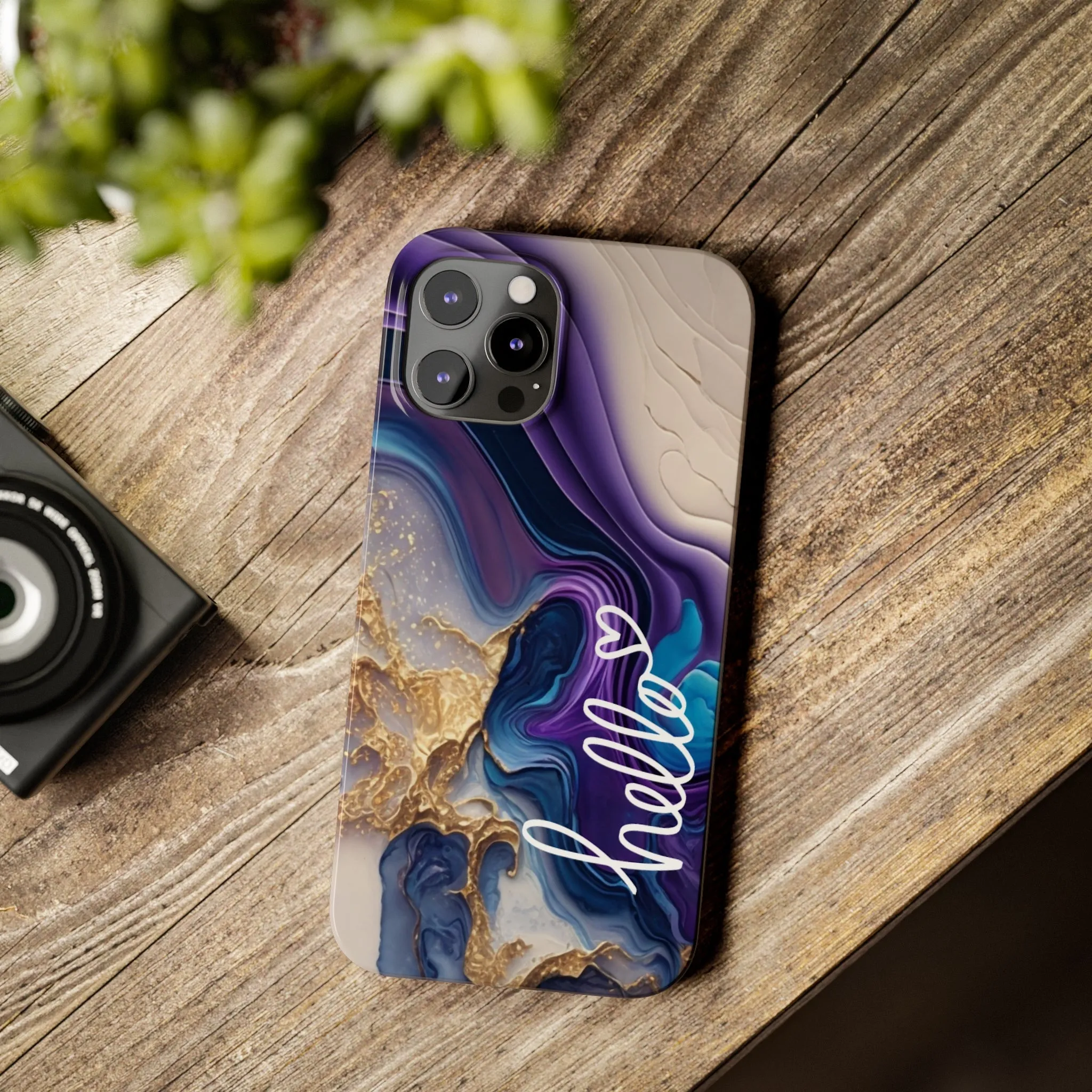 Elegant Blue and Gold Marble 'Hello' iPhone Case - Stylish and Chic Protective Cover
