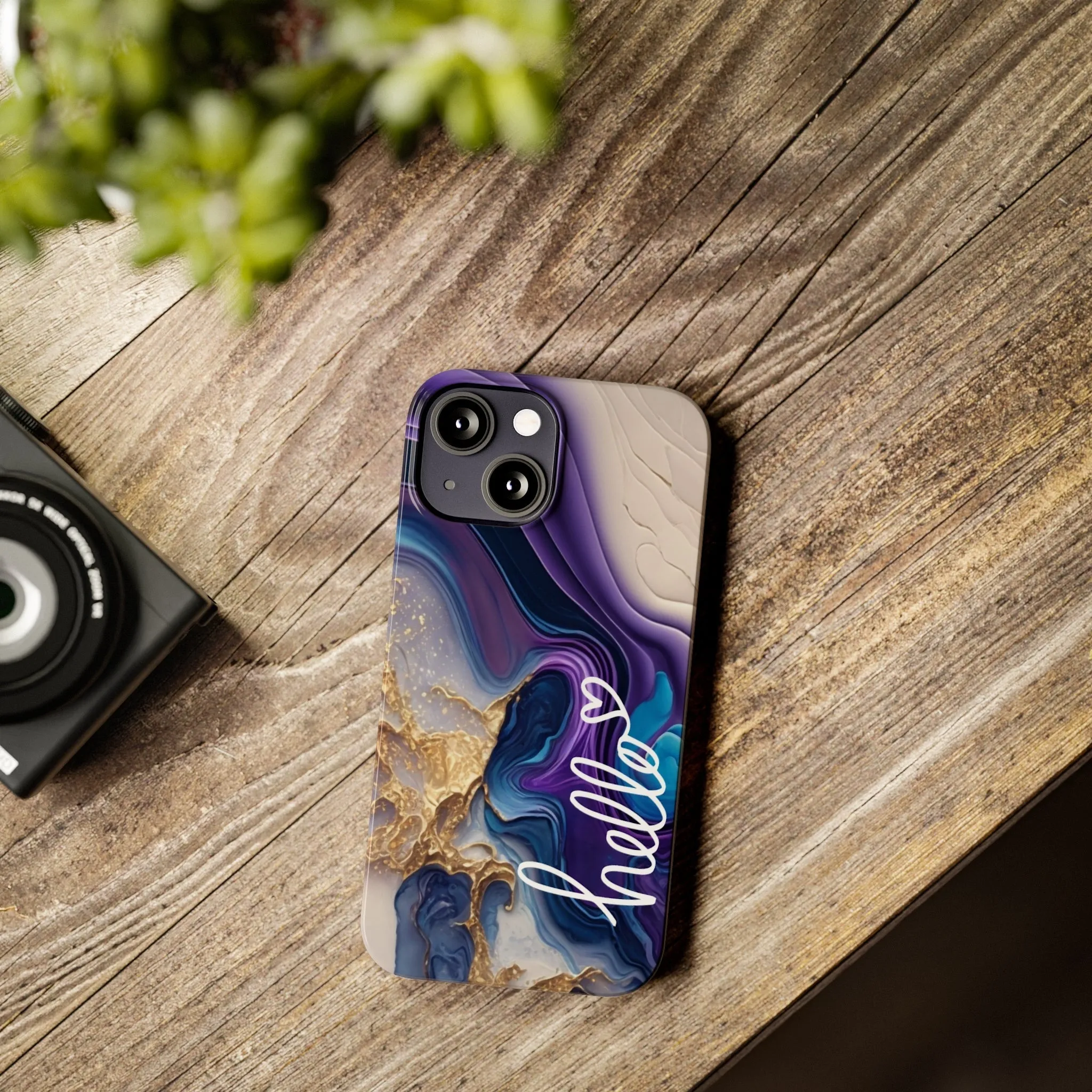 Elegant Blue and Gold Marble 'Hello' iPhone Case - Stylish and Chic Protective Cover