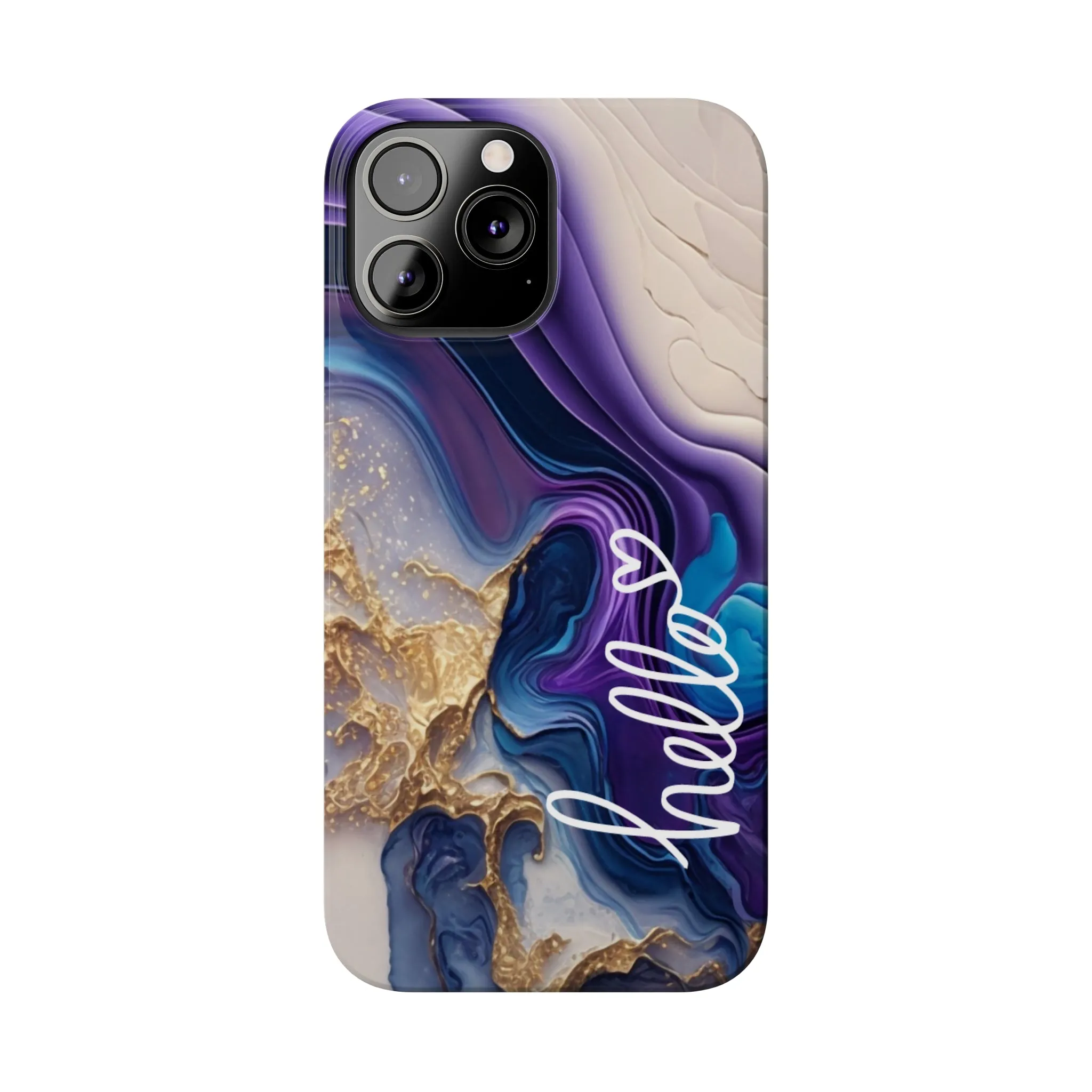 Elegant Blue and Gold Marble 'Hello' iPhone Case - Stylish and Chic Protective Cover