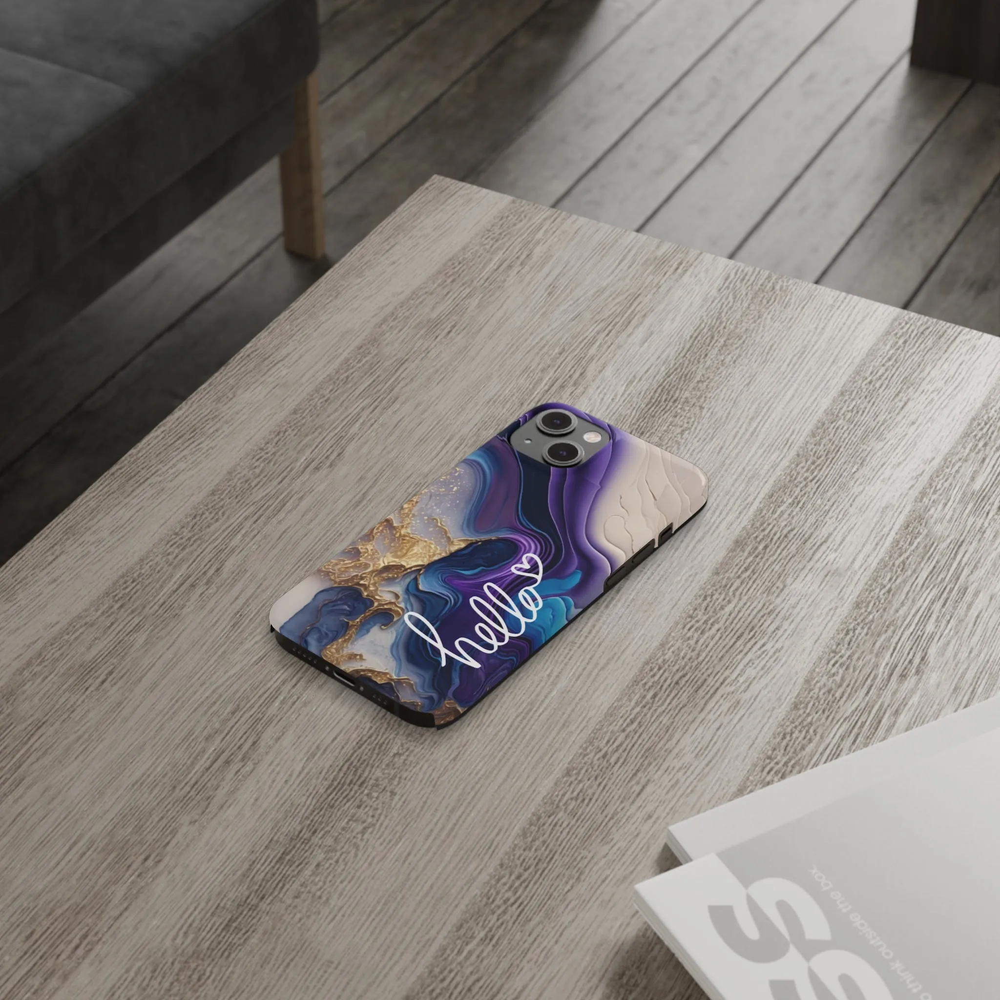 Elegant Blue and Gold Marble 'Hello' iPhone Case - Stylish and Chic Protective Cover