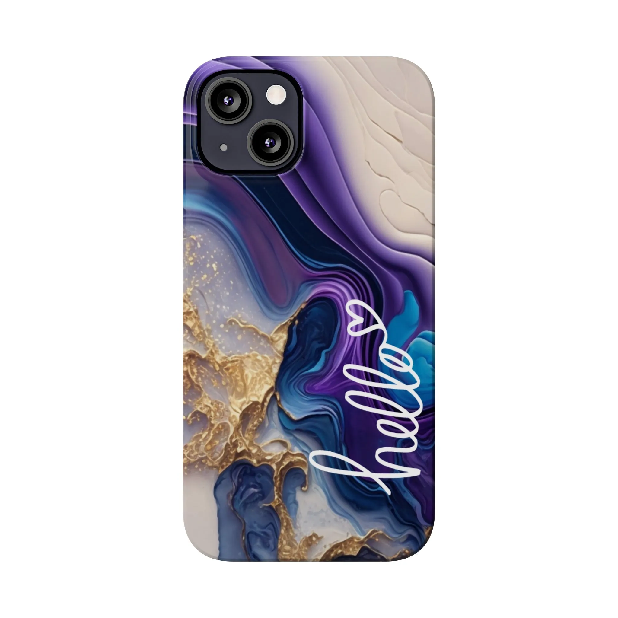Elegant Blue and Gold Marble 'Hello' iPhone Case - Stylish and Chic Protective Cover