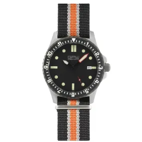 German Military Titanium Automatic Watch. GPW Date. 200M W/R. Sapphire Crystal. Black White & Orange Nylon Strap.