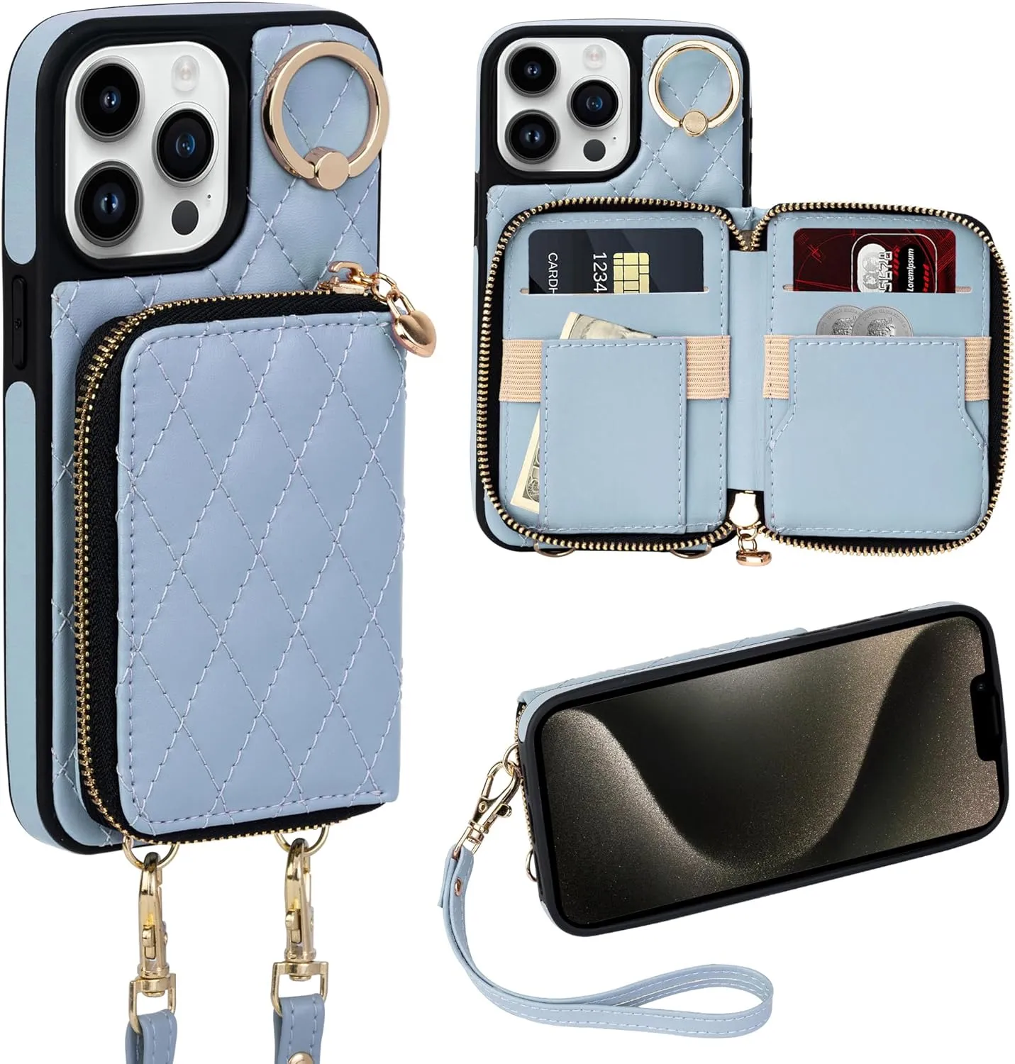 iPhone 15 Plus 6.7'' Wallet Case Crossbody Zipper Purse RFID Blocking Card Holders