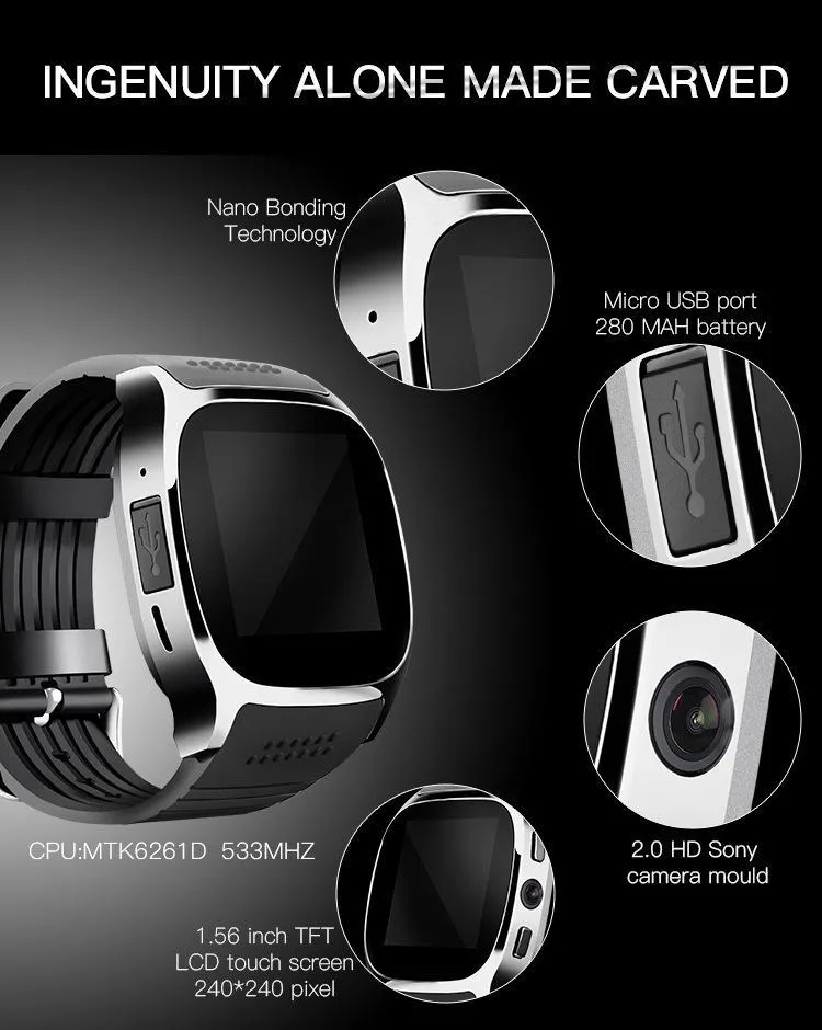 New Bluetooth Smart Watch with Camera Music Player Facebook Whatsapp Sync SMS Support SIM TF Card for Android