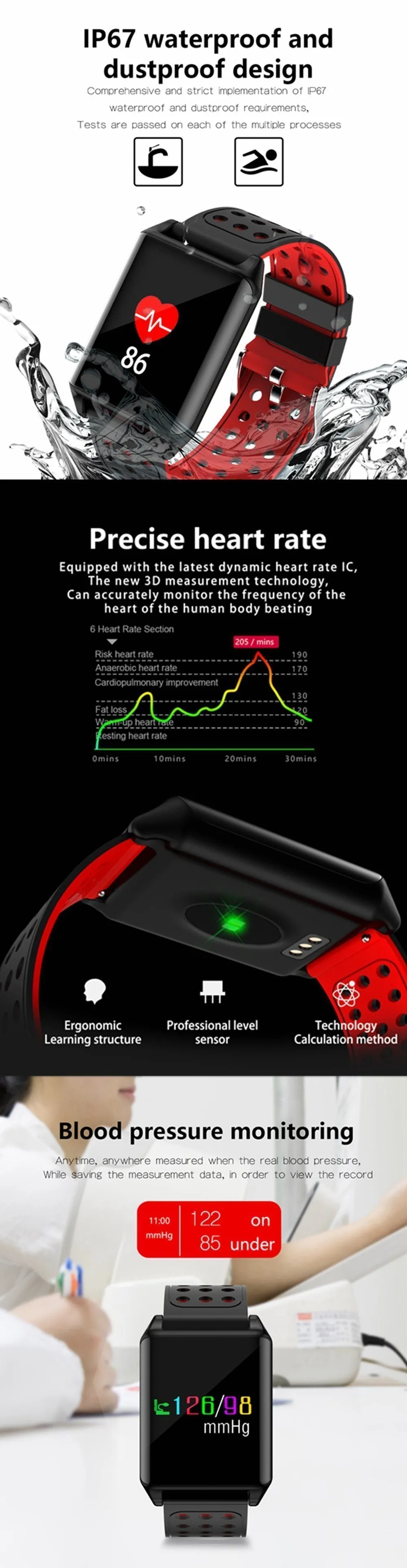OLED Colour Screen Smart Watch Blood Oxygen Pressure Heart Rate Monitor Pedometer for Android IOS Windows