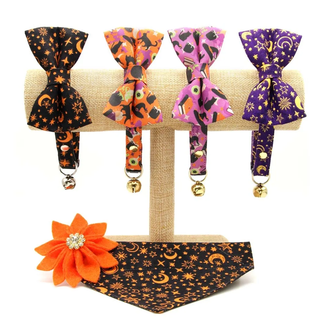 Pet Bow Tie - "Moonlight - Black" - Halloween Moon & Stars Cat Bow Tie / Celestial, Zodiac, Magic, Astronomy, Lunar / For Cats   Small Dogs (One Size)