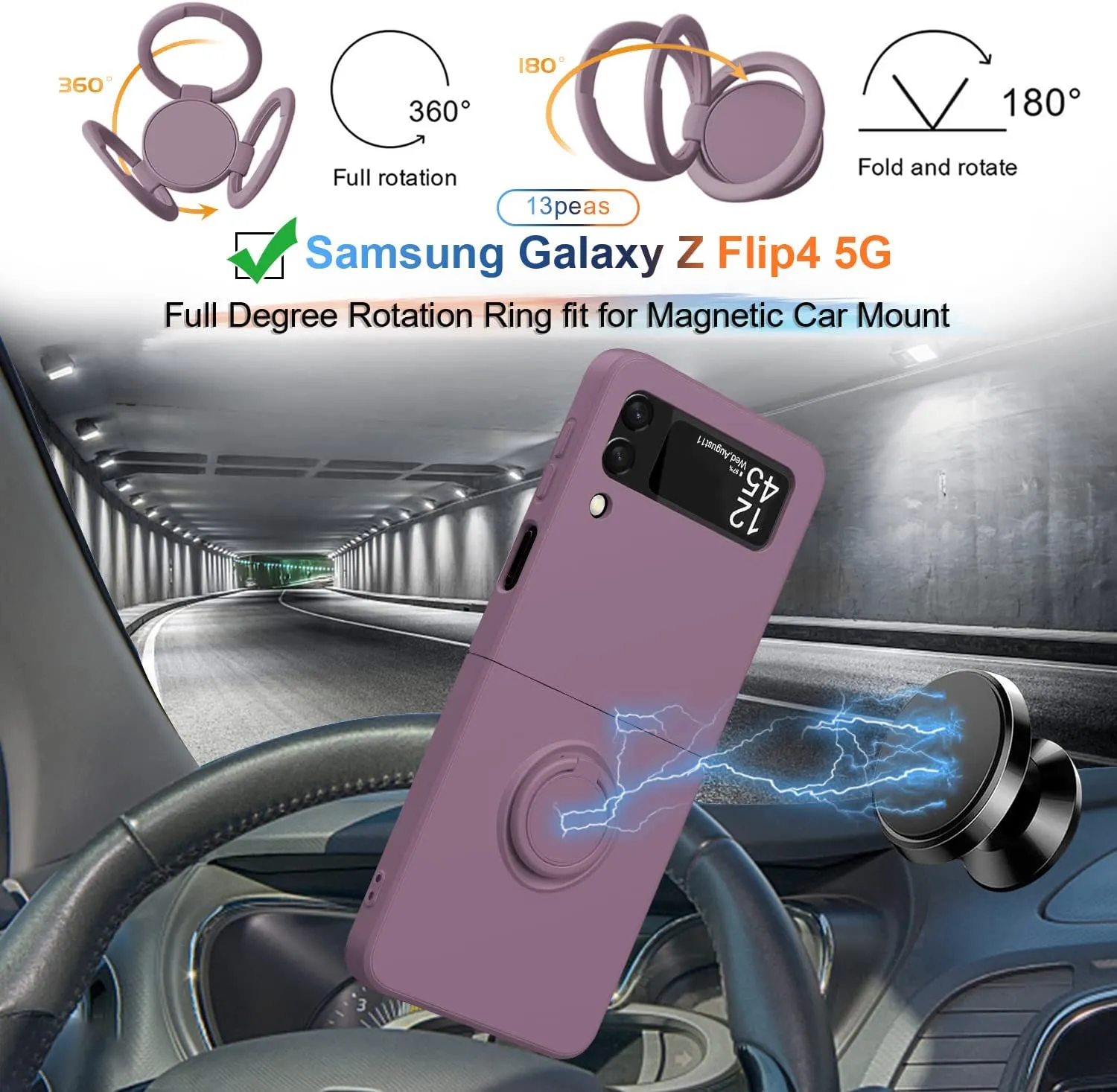 Samsung Galaxy Z Flip4 Silicone  Ring 360°Protective flip Cover (Purple)
