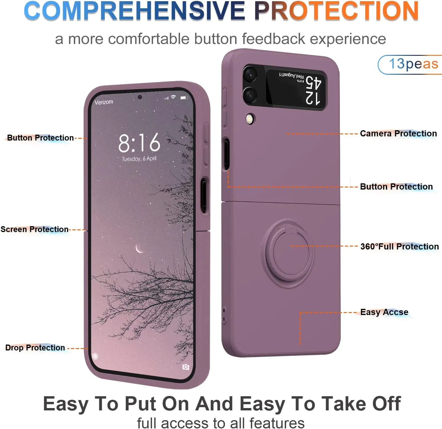 Samsung Galaxy Z Flip4 Silicone  Ring 360°Protective flip Cover (Purple)