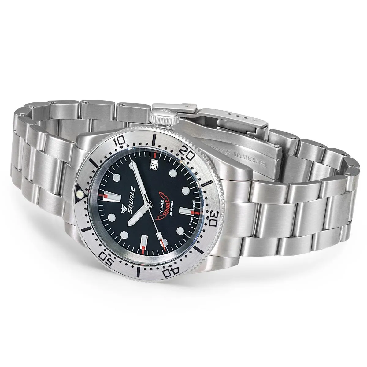Squale 1545 Black (Steel Bezel) on Stainless Steel Bracelet