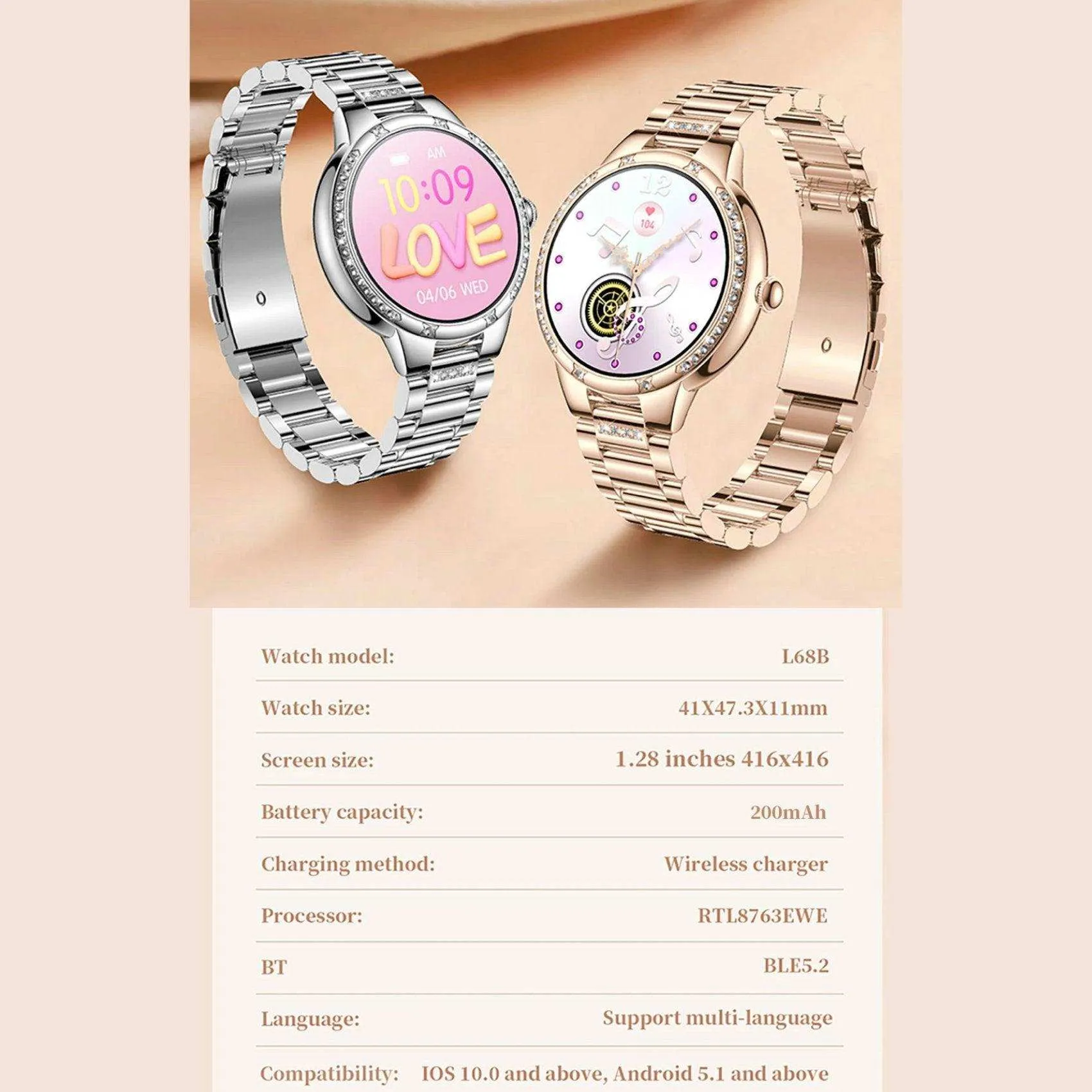 TUTT L6 Classic Ladies AMOLED Screen Women Health Smart Watch Pedometer BT Calling Voice Assistant Smartwatch